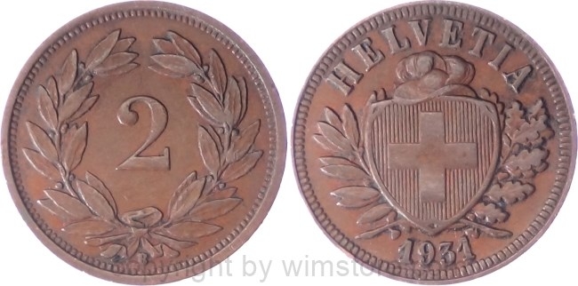 Schweiz, 2 Rappen 1931 B, KM 4.2, Bronze, ss
