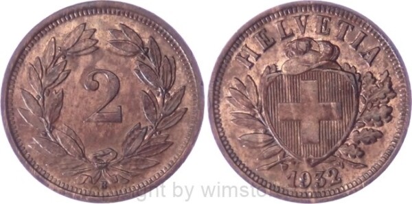 v34722 Schweiz, 2 Rappen 1932 B, KM 4.2a, Bronze, ss