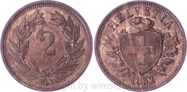 Schweiz, 2 Rappen 1932 B, KM 4.2a, Bronze, ss