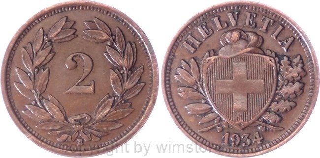 Schweiz, 2 Rappen 1934 B, KM 4.2a, Bronze, ss