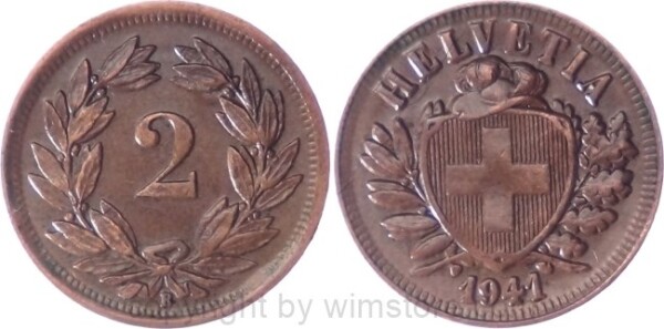 v34726 Schweiz, 2 Rappen 1941 B, KM 4.2a, Bronze, ss