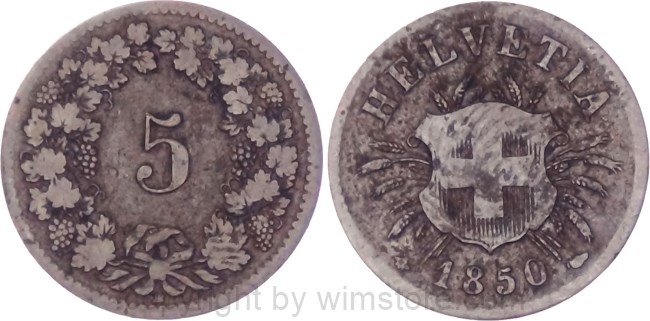 Schweiz, 5 Rappen 1850 BB, KM 5, Billon, gering