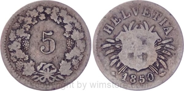 Schweiz, 5 Rappen 1850 BB, KM 5, Billon, gering