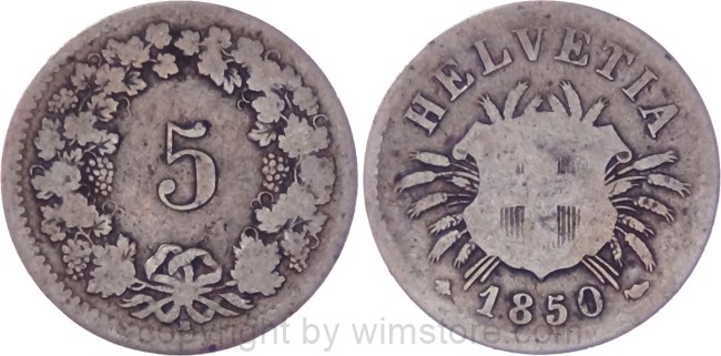 Schweiz, 5 Rappen 1850 BB, KM 5, Billon, gering