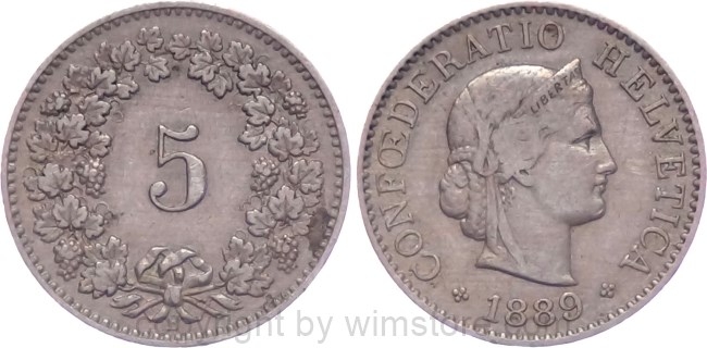 Schweiz, 5 Rappen 1889 B, KM 26, Billon, s
