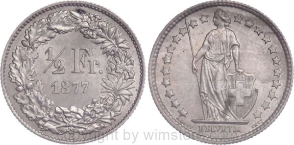 Schweiz, 1/2 Franken 1877, KM 23, Silber, vz-st, Flecke