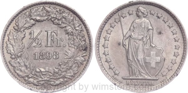 Schweiz, 1/2 Franken 1898, KM 23, Silber, vz-st, Flecke und kl. Rsn.