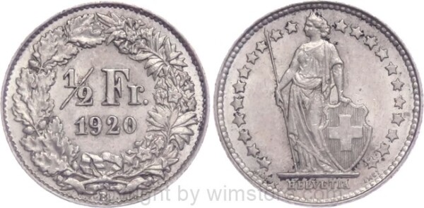 Schweiz, 1/2 Franken 1920, KM 23, Silber, vz