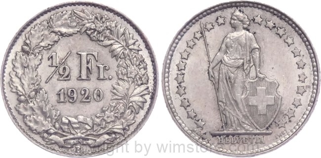 Schweiz, 1/2 Franken 1920, KM 23, Silber, vz