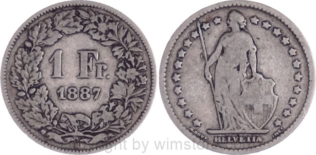 Schweiz, 1 Franken 1887, KM 24, Silber, s