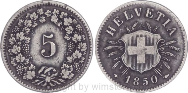 Schweiz, 5 Rappen 1850 BB, KM 5, Billon, ss