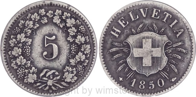 Schweiz, 5 Rappen 1850 BB, KM 5, Billon, ss