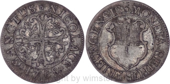 Schweiz, Freiburg, 2 Kreuzer 1788, KM 47, Billon, -ss