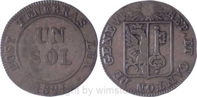 Schweiz, Genf, Un Sol 1825, KM 120, Billon, s