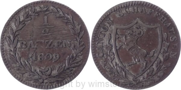 Schweiz, Schaffhausen, 1/2 Batzen 1809, KM 68, Billon, ss, Av. Kratzer, Schrötlingsfehler