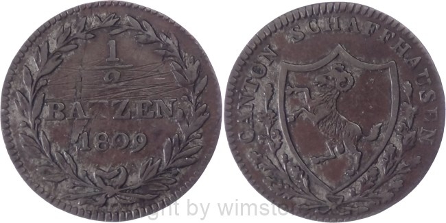 Schweiz, Schaffhausen, 1/2 Batzen 1809, KM 68, Billon, ss, Av. Kratzer, Schrötlingsfehler