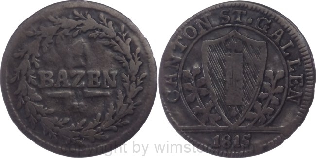 Schweiz, St. Gallen, 1 Batzen 1815, KM 110, Billon, s