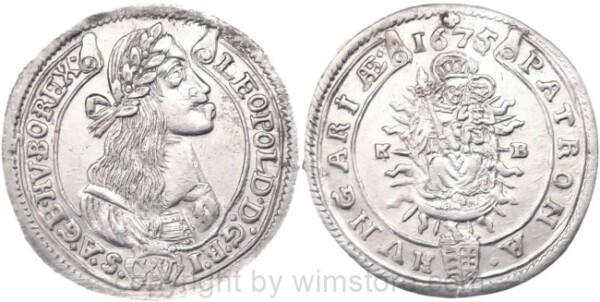 Leopold I., 1658 - 1705, 15 Kreuzer (XVer) 1675 Kremnitz, K-B Mitte, ähnlich KB 75.1.1, Wappen durchbricht Innenkreis, Silber, vz