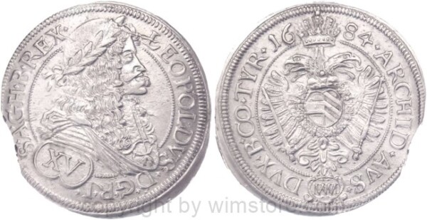 Leopold I., 1658 - 1705, 15 Kreuzer (XVer) 1684 Wien, MM, Münzmeister Matthias Mittermayer (1679 - 1695 u. 1703 - 1705), WIE 84.1.1, Silber, vz, Zainende