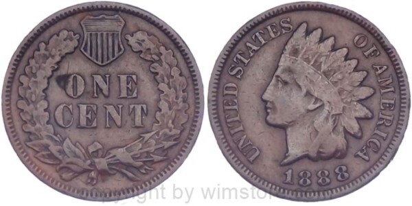 USA, 1 Cent 1888, Indian Head, KM 90a, Bronze, -ss