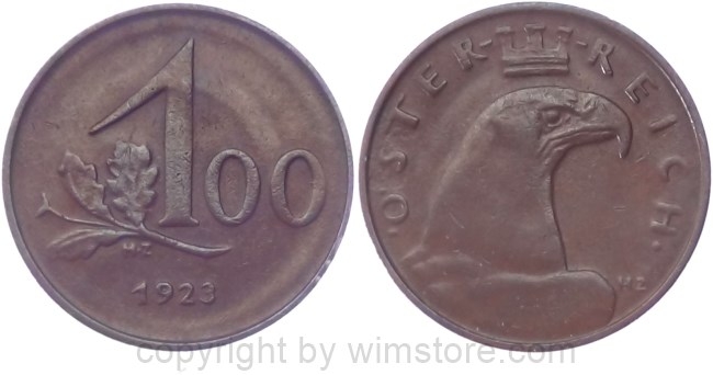 v35019 1. Republik, 100 Kronen 1923, J 419, Bronze, ss
