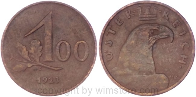 v35022 1. Republik, 100 Kronen 1923, J 419, Bronze, -ss