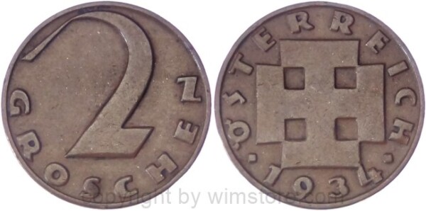 1. Republik, 2 Groschen 1934, J 425, Bronze, ss