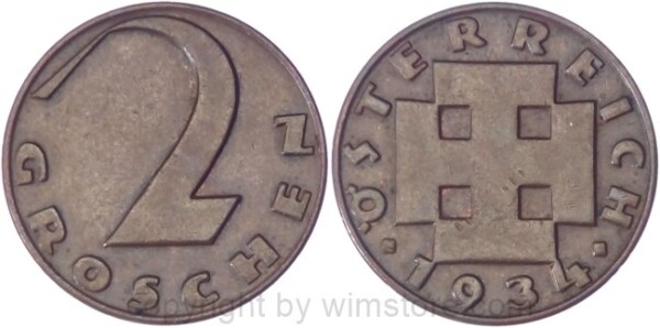 1. Republik, 2 Groschen 1934, J 425, Bronze, ss