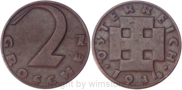 1. Republik, 2 Groschen 1934, J 425, Bronze, ss