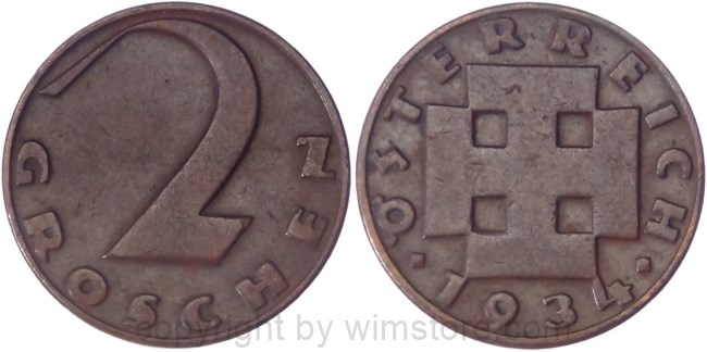 v35027 1. Republik, 2 Groschen 1934, J 425, Bronze, ss