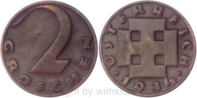 v35028 1. Republik, 2 Groschen 1934, J 425, Bronze, ss