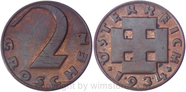 v35029 1. Republik, 2 Groschen 1934, J 425, Bronze, vz, Schrötlingsfehler unter Wertziffer und fleckig