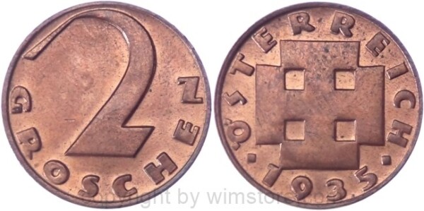 1. Republik, 2 Groschen 1935, J 425, Bronze, vz-st