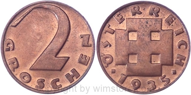 v35031 1. Republik, 2 Groschen 1935, J 425, Bronze, vz-st