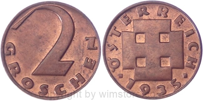 v35032 1. Republik, 2 Groschen 1935, J 425, Bronze, vz-st