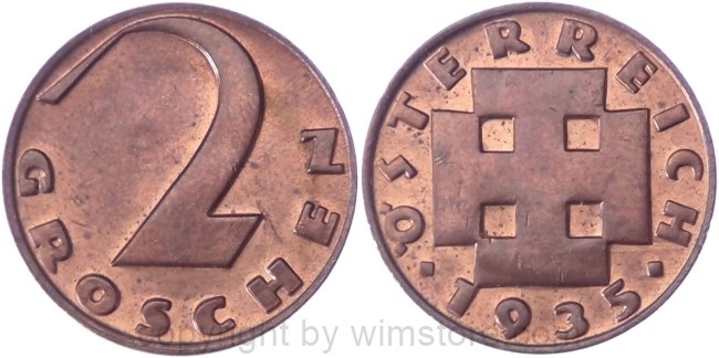 v35033 1. Republik, 2 Groschen 1935, J 425, Bronze, vz-st