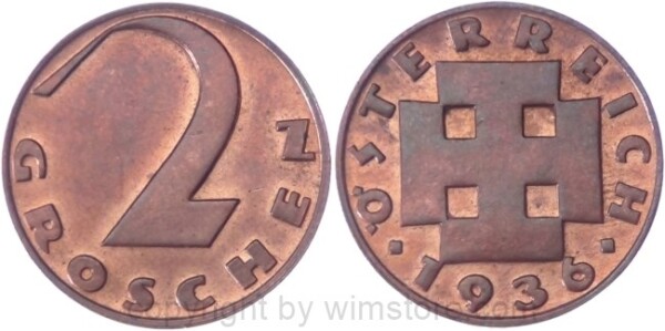 1. Republik, 2 Groschen 1936, J 425, Bronze, vz-st