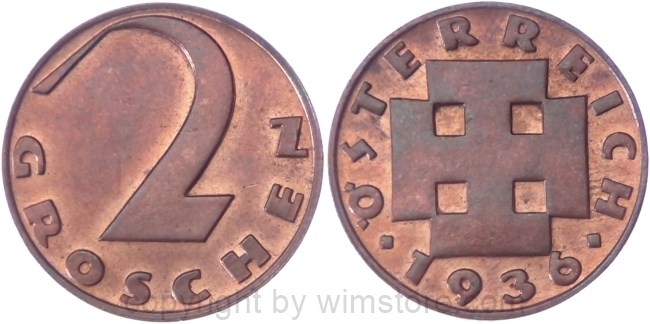 v35037 1. Republik, 2 Groschen 1936, J 425, Bronze, vz-st