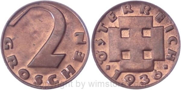 1. Republik, 2 Groschen 1936, J 425, Bronze, vz-st