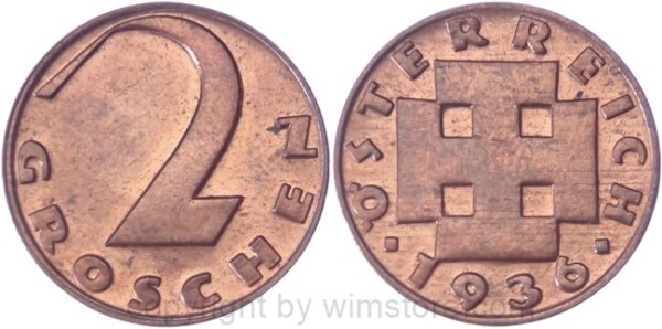 1. Republik, 2 Groschen 1936, J 425, Bronze, vz-st