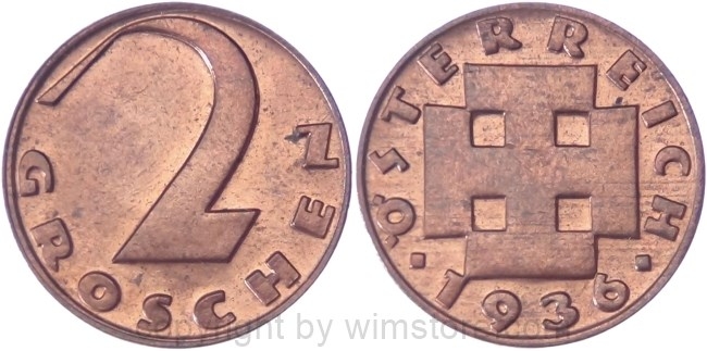 v35039 1. Republik, 2 Groschen 1936, J 425, Bronze, vz-st
