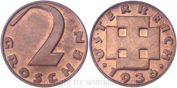 1. Republik, 2 Groschen 1936, J 425, Bronze, vz-st