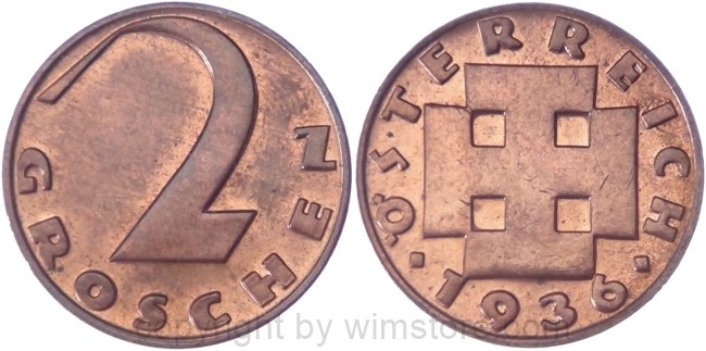 v35040 1. Republik, 2 Groschen 1936, J 425, Bronze, vz-st