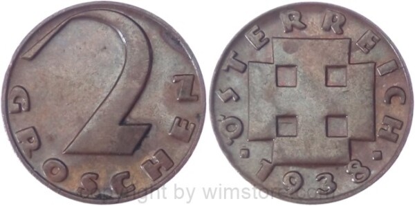1. Republik, 2 Groschen 1938, J 425, Bronze, ss, fleckig