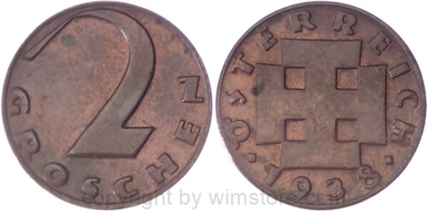 1. Republik, 2 Groschen 1938, J 425, Bronze, ss, fleckig