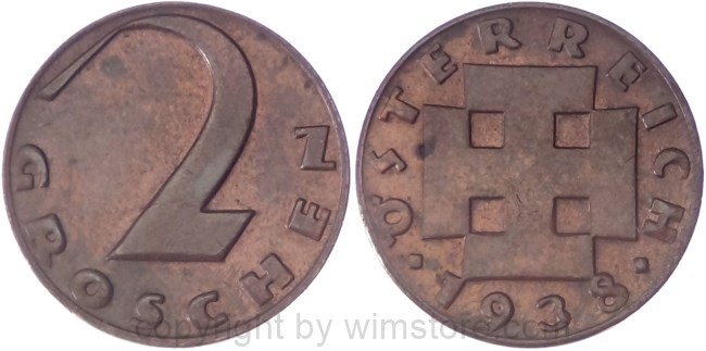 v35042 1. Republik, 2 Groschen 1938, J 425, Bronze, ss, fleckig