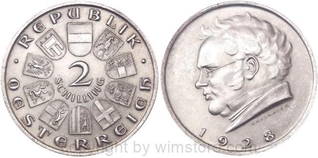 1. Republik, 2 Schilling 1928, Franz Schubert, J 430, Silber, vz-st