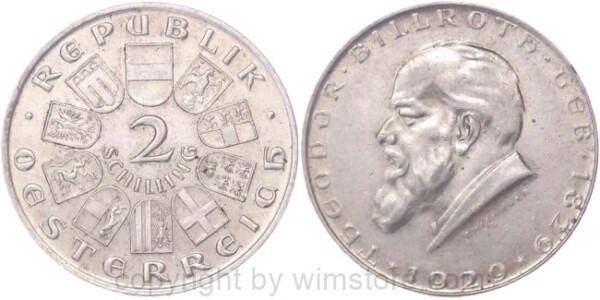 1. Republik, 2 Schilling 1929, Dr. Theodor Billroth, J 431, Silber, ss