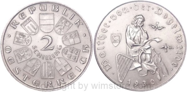 1. Republik, 2 Schilling 1930, Walther von der Vogelweide, J 432, Silber, vz