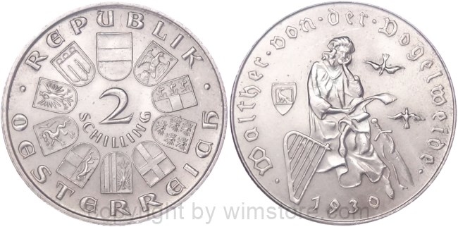 1. Republik, 2 Schilling 1930, Walther von der Vogelweide, J 432, Silber, vz